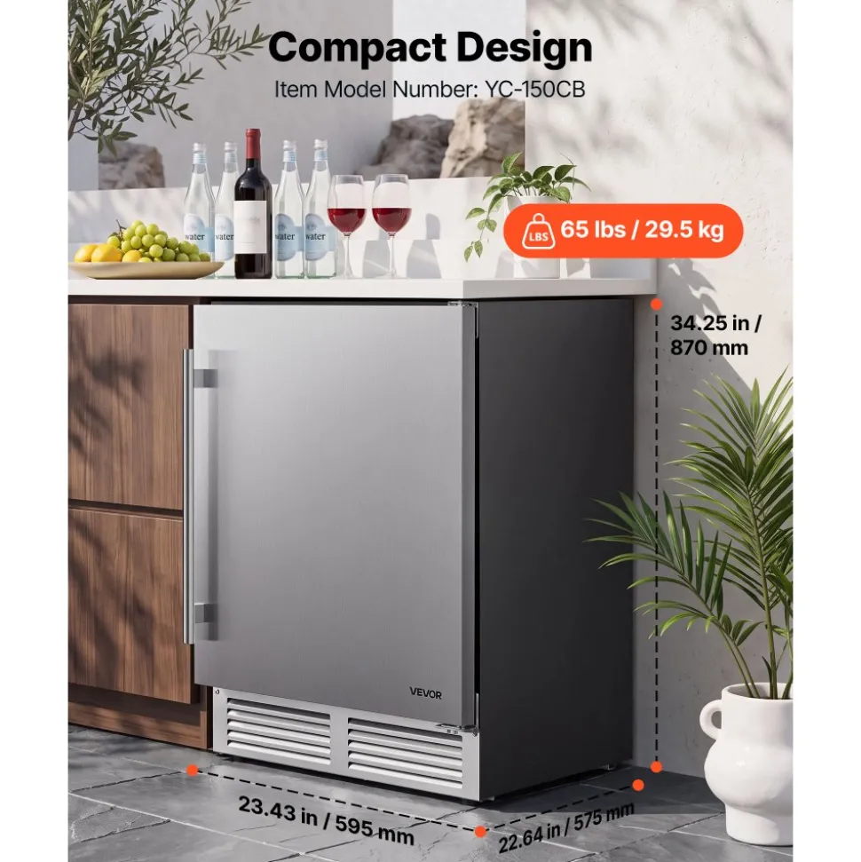 VEVOR Outdoor Beverage Refrigerator, 24 Inch Undercounter Drink Fridge, 304 Stainless Steel Door, 5.0 Cu. Ft, Hold 180 Cans, Powerful Cooling System, Built-in / Freestand Cooler, Home Bar & Patio