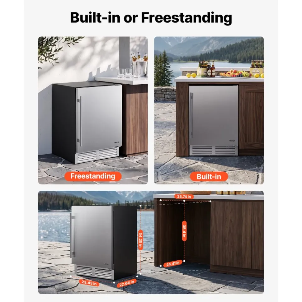 VEVOR Outdoor Beverage Refrigerator, 24 Inch Undercounter Drink Fridge, 304 Stainless Steel Door, 5.0 Cu. Ft, Hold 180 Cans, Powerful Cooling System, Built-in / Freestand Cooler, Home Bar & Patio