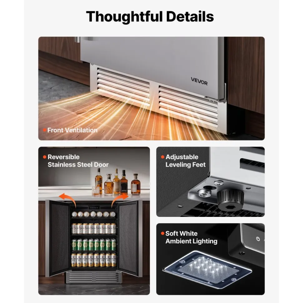 VEVOR Outdoor Beverage Refrigerator, 24 Inch Undercounter Drink Fridge, 304 Stainless Steel Door, 5.0 Cu. Ft, Hold 180 Cans, Powerful Cooling System, Built-in / Freestand Cooler, Home Bar & Patio