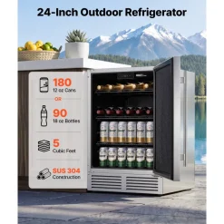 VEVOR Outdoor Beverage Refrigerator, 24 Inch Undercounter Drink Fridge, 304 Stainless Steel Body, 5.0 Cu. Ft, Hold 180 Cans, Powerful Cooling System, Built-in / Freestand Cooler, Home Bar & Patio