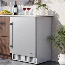 VEVOR Outdoor Beverage Refrigerator, 24 Inch Undercounter Drink Fridge, 304 Stainless Steel Body, 5.0 Cu. Ft, Hold 180 Cans, Powerful Cooling System, Built-in / Freestand Cooler, Home Bar & Patio