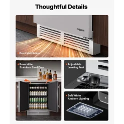 VEVOR Outdoor Beverage Refrigerator, 24 Inch Undercounter Drink Fridge, 304 Stainless Steel Body, 5.0 Cu. Ft, Hold 180 Cans, Powerful Cooling System, Built-in / Freestand Cooler, Home Bar & Patio