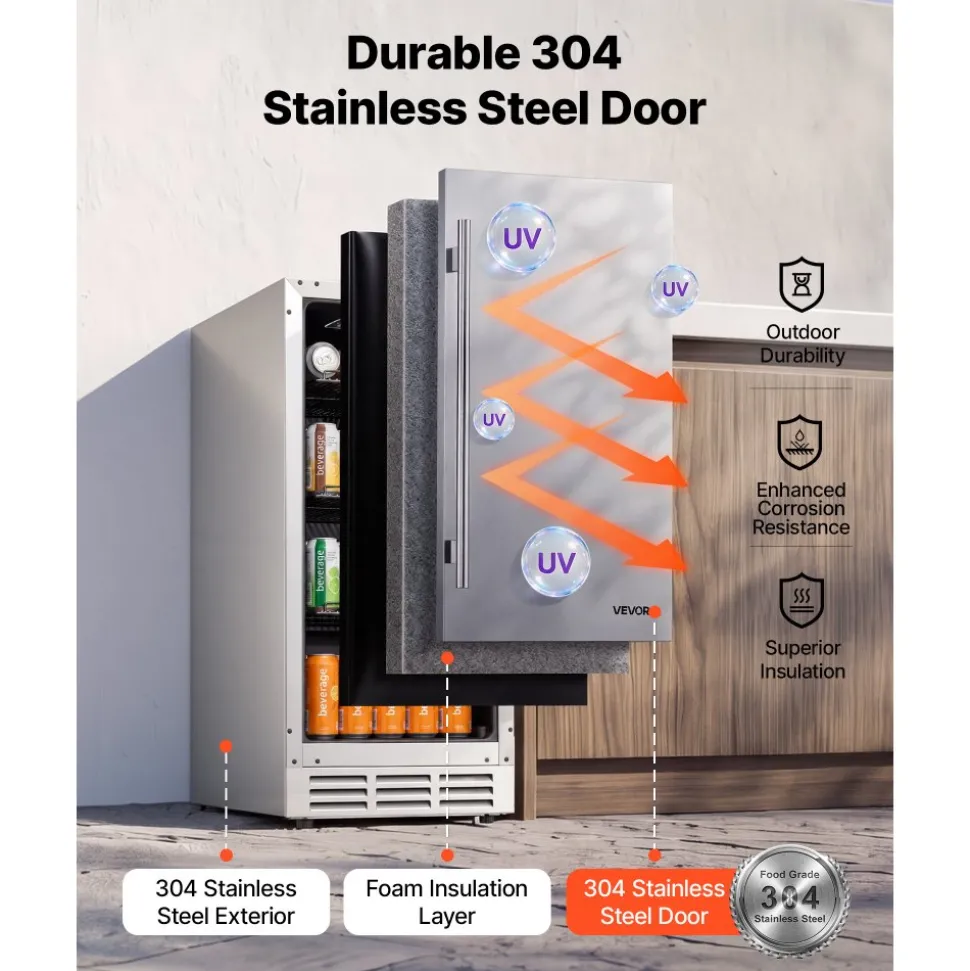 VEVOR Outdoor Beverage Refrigerator, 15 Inch Undercounter Drink Fridge, 304 Stainless Steel Door, 3.0 Cu. Ft, Hold 94 Cans, Powerful Cooling System, Built-in / Freestand Cooler, Home Bar & Patio