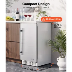 VEVOR Outdoor Beverage Refrigerator, 15 Inch Undercounter Drink Fridge, 304 Stainless Steel Door, 3.0 Cu. Ft, Hold 94 Cans, Powerful Cooling System, Built-in / Freestand Cooler, Home Bar & Patio