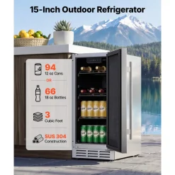 VEVOR Outdoor Beverage Refrigerator, 15 Inch Undercounter Drink Fridge, 304 Stainless Steel Door, 3.0 Cu. Ft, Hold 94 Cans, Powerful Cooling System, Built-in / Freestand Cooler, Home Bar & Patio
