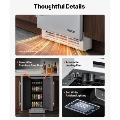 VEVOR Outdoor Beverage Refrigerator, 15 Inch Undercounter Drink Fridge, 304 Stainless Steel Door, 3.0 Cu. Ft, Hold 94 Cans, Powerful Cooling System, Built-in / Freestand Cooler, Home Bar & Patio