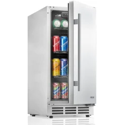 VEVOR Outdoor Beverage Refrigerator, 15 Inch Undercounter Drink Fridge, 304 Stainless Steel Door, 3.0 Cu. Ft, Hold 94 Cans, Powerful Cooling System, Built-in / Freestand Cooler, Home Bar & Patio