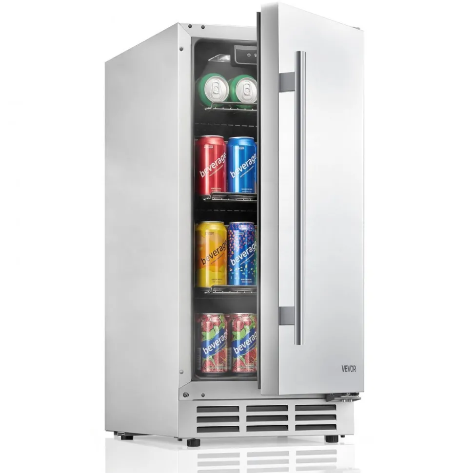 VEVOR Outdoor Beverage Refrigerator, 15 Inch Undercounter Drink Fridge, 304 Stainless Steel Door, 3.0 Cu. Ft, Hold 94 Cans, Powerful Cooling System, Built-in / Freestand Cooler, Home Bar & Patio