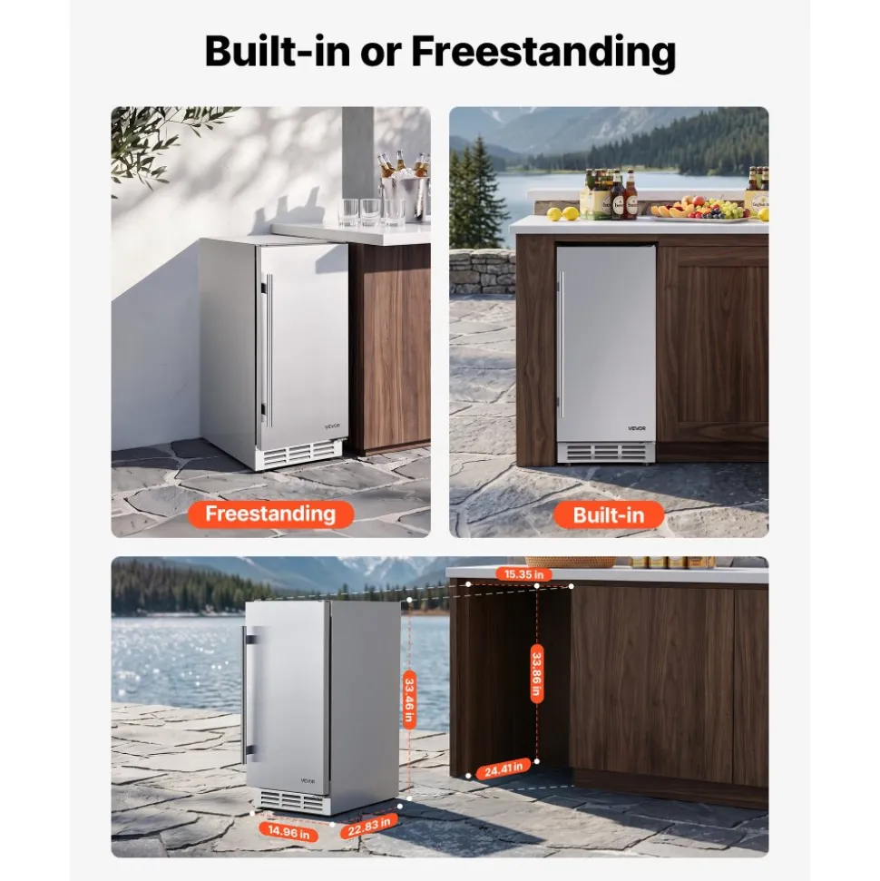 VEVOR Outdoor Beverage Refrigerator, 15 Inch Undercounter Drink Fridge, 304 Stainless Steel Door, 3.0 Cu. Ft, Hold 94 Cans, Powerful Cooling System, Built-in / Freestand Cooler, Home Bar & Patio