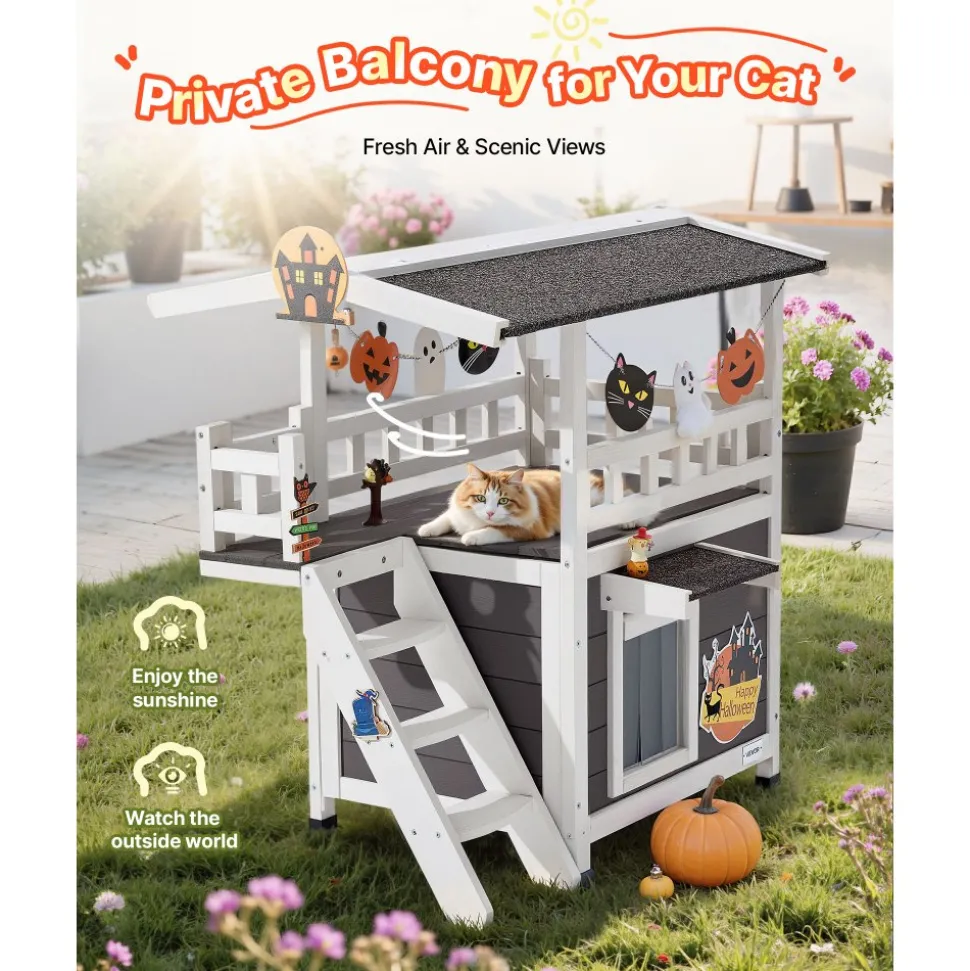 VEVOR Outdoor Cat House, 2-Story Wooden Cat Shelter with Stairs & Balcony, Elevated Feral Kitty Shelter, Spacious Room, Waterproof Cats Condos for Indoor & Outdoor Cats in Winter 30 x 22 x 30 in