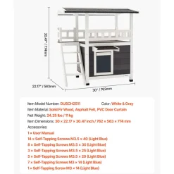 VEVOR Outdoor Cat House, 2-Story Wooden Cat Shelter with Stairs & Balcony, Elevated Feral Kitty Shelter, Spacious Room, Waterproof Cats Condos for Indoor & Outdoor Cats in Winter 30 x 22 x 30 in