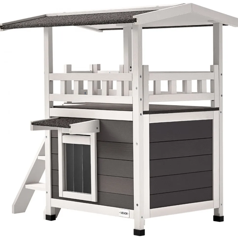 VEVOR Outdoor Cat House, 2-Story Wooden Cat Shelter with Stairs & Balcony, Elevated Feral Kitty Shelter, Spacious Room, Waterproof Cats Condos for Indoor & Outdoor Cats in Winter 30 x 22 x 30 in