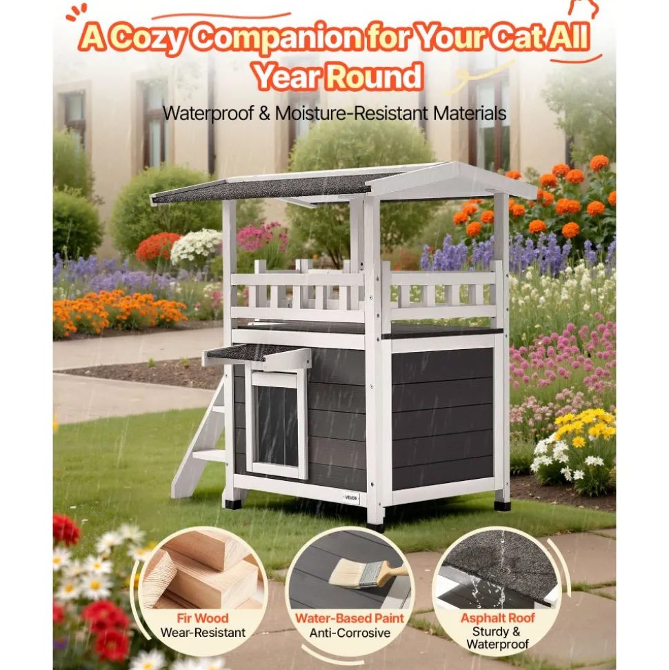 VEVOR Outdoor Cat House, 2-Story Wooden Cat Shelter with Stairs & Balcony, Elevated Feral Kitty Shelter, Spacious Room, Waterproof Cats Condos for Indoor & Outdoor Cats in Winter 30 x 22 x 30 in