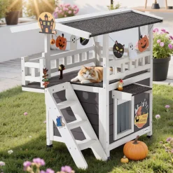 VEVOR Outdoor Cat House, 2-Story Wooden Cat Shelter with Stairs & Balcony, Elevated Feral Kitty Shelter, Spacious Room, Waterproof Cats Condos for Indoor & Outdoor Cats in Winter 30 x 22 x 30 in