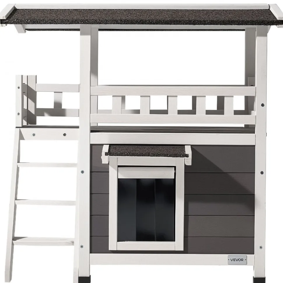 VEVOR Outdoor Cat House, 2-Story Wooden Cat Shelter with Stairs & Balcony, Elevated Feral Kitty Shelter, Spacious Room, Waterproof Cats Condos for Indoor & Outdoor Cats in Winter 30 x 22 x 30 in