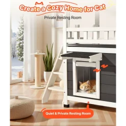 VEVOR Outdoor Cat House, 2-Story Wooden Cat Shelter with Stairs & Balcony, Elevated Feral Kitty Shelter, Spacious Room, Waterproof Cats Condos for Indoor & Outdoor Cats in Winter 30 x 22 x 30 in