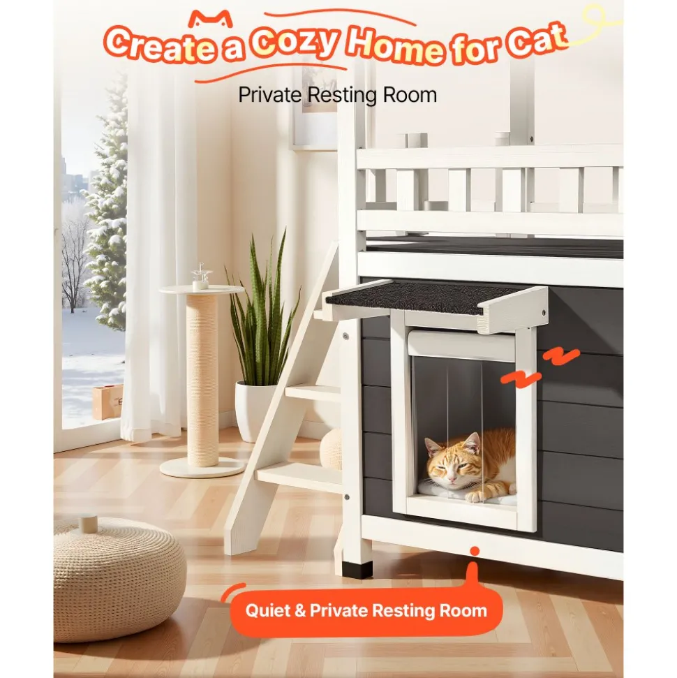 VEVOR Outdoor Cat House, 2-Story Wooden Cat Shelter with Stairs & Balcony, Elevated Feral Kitty Shelter, Spacious Room, Waterproof Cats Condos for Indoor & Outdoor Cats in Winter 30 x 22 x 30 in