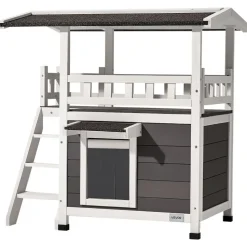 VEVOR Outdoor Cat House, 2-Story Wooden Cat Shelter with Stairs & Balcony, Elevated Feral Kitty Shelter, Spacious Room, Waterproof Cats Condos for Indoor & Outdoor Cats in Winter 30 x 22 x 30 in