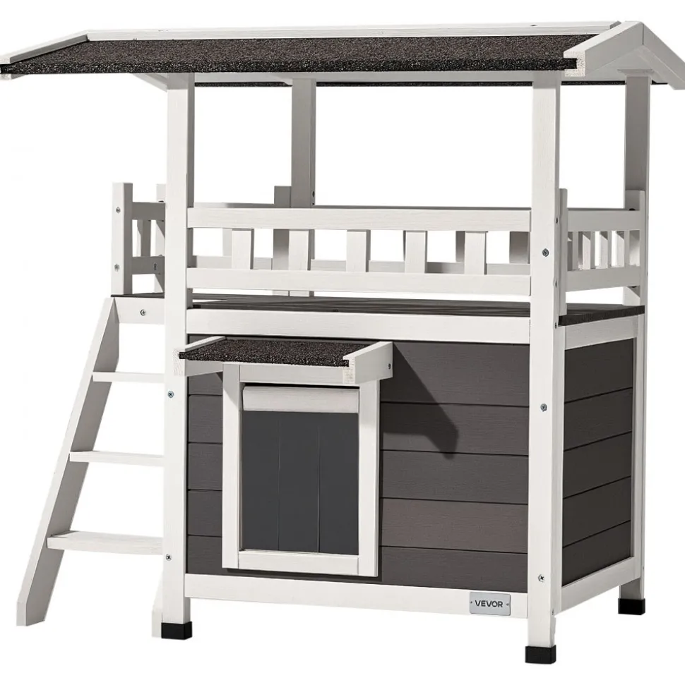 VEVOR Outdoor Cat House, 2-Story Wooden Cat Shelter with Stairs & Balcony, Elevated Feral Kitty Shelter, Spacious Room, Waterproof Cats Condos for Indoor & Outdoor Cats in Winter 30 x 22 x 30 in