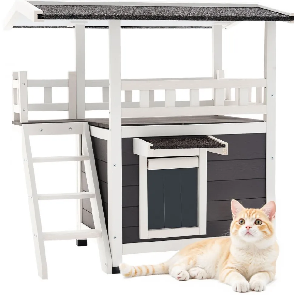 VEVOR Outdoor Cat House, 2-Story Wooden Cat Shelter with Stairs & Balcony, Elevated Feral Kitty Shelter, Spacious Room, Waterproof Cats Condos for Indoor & Outdoor Cats in Winter 30 x 22 x 30 in