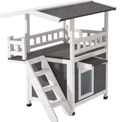 VEVOR Outdoor Cat House, 2-Story Wooden Cat Shelter with Stairs & Balcony, Elevated Feral Kitty Shelter, Spacious Room, Waterproof Cats Condos for Indoor & Outdoor Cats in Winter 30 x 22 x 30 in