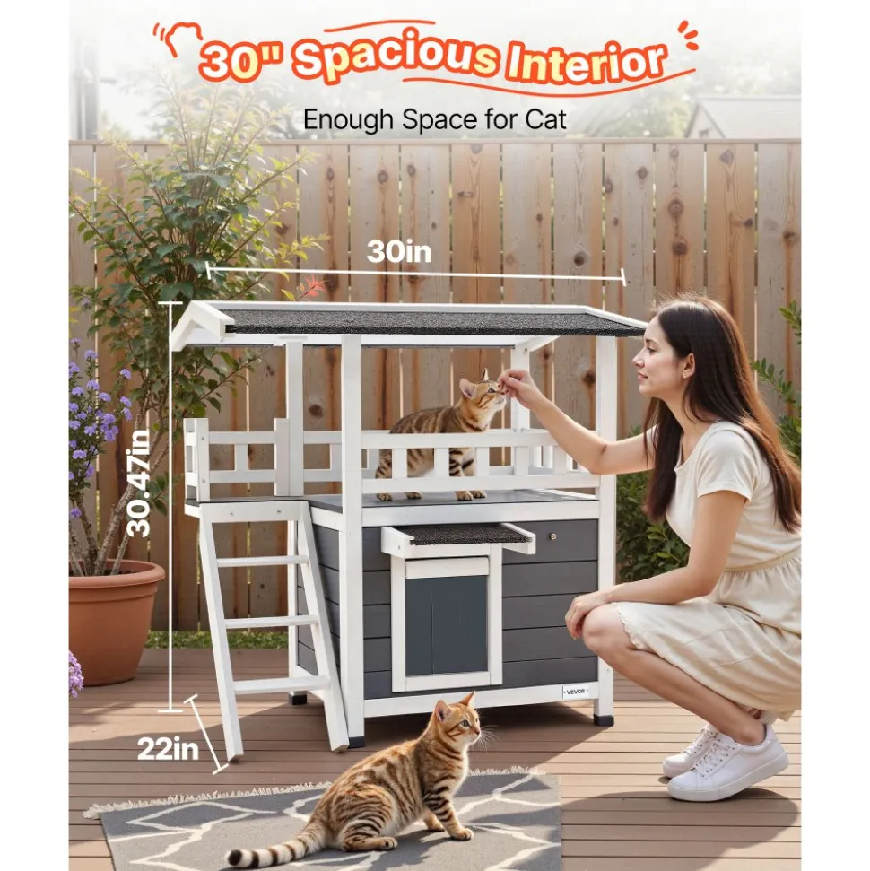 VEVOR Outdoor Cat House, 2-Story Wooden Cat Shelter with Stairs & Balcony, Elevated Feral Kitty Shelter, Spacious Room, Waterproof Cats Condos for Indoor & Outdoor Cats in Winter 30 x 22 x 30 in