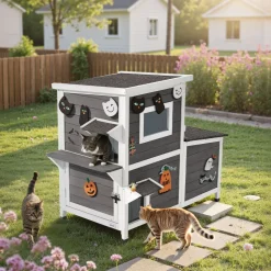 VEVOR Outdoor Cat House, 2-Story Wooden Cat Shelter for 3 Outside Cats in Winter, Elevated Feral Kitty Shelter with Stairs, Clear Window & Flap Doors, Waterproof Cats Condos for Garden 42 × 25 × 34 in