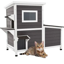 VEVOR Outdoor Cat House, 2-Story Wooden Cat Shelter for 3 Outside Cats in Winter, Elevated Feral Kitty Shelter with Stairs, Clear Window & Flap Doors, Waterproof Cats Condos for Garden 42 × 25 × 34 in