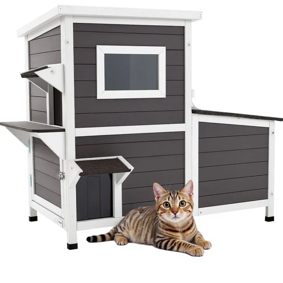 VEVOR Outdoor Cat House, 2-Story Wooden Cat Shelter for 3 Outside Cats in Winter, Elevated Feral Kitty Shelter with Stairs, Clear Window & Flap Doors, Waterproof Cats Condos for Garden 42 × 25 × 34 in