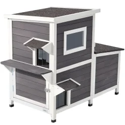 VEVOR Outdoor Cat House, 2-Story Wooden Cat Shelter for 3 Outside Cats in Winter, Elevated Feral Kitty Shelter with Stairs, Clear Window & Flap Doors, Waterproof Cats Condos for Garden 42 × 25 × 34 in