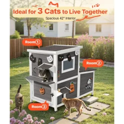 VEVOR Outdoor Cat House, 2-Story Wooden Cat Shelter for 3 Outside Cats in Winter, Elevated Feral Kitty Shelter with Stairs, Clear Window & Flap Doors, Waterproof Cats Condos for Garden 42 × 25 × 34 in