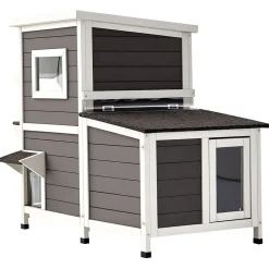 VEVOR Outdoor Cat House, 2-Story Wooden Cat Shelter for 3 Outside Cats in Winter, Elevated Feral Kitty Shelter with Stairs, Clear Window & Flap Doors, Waterproof Cats Condos for Garden 42 × 25 × 34 in