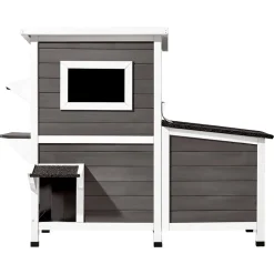 VEVOR Outdoor Cat House, 2-Story Wooden Cat Shelter for 3 Outside Cats in Winter, Elevated Feral Kitty Shelter with Stairs, Clear Window & Flap Doors, Waterproof Cats Condos for Garden 42 × 25 × 34 in