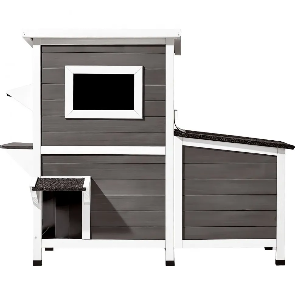 VEVOR Outdoor Cat House, 2-Story Wooden Cat Shelter for 3 Outside Cats in Winter, Elevated Feral Kitty Shelter with Stairs, Clear Window & Flap Doors, Waterproof Cats Condos for Garden 42 × 25 × 34 in