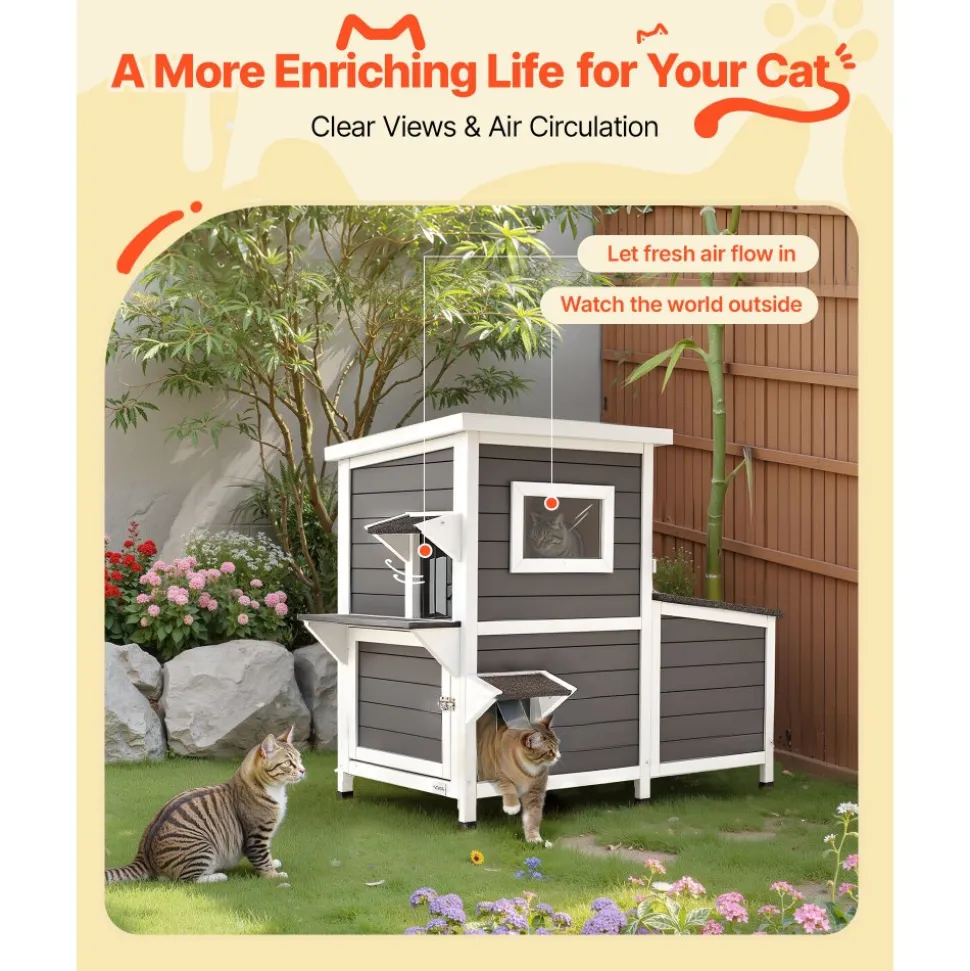VEVOR Outdoor Cat House, 2-Story Wooden Cat Shelter for 3 Outside Cats in Winter, Elevated Feral Kitty Shelter with Stairs, Clear Window & Flap Doors, Waterproof Cats Condos for Garden 42 × 25 × 34 in