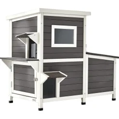 VEVOR Outdoor Cat House, 2-Story Wooden Cat Shelter for 3 Outside Cats in Winter, Elevated Feral Kitty Shelter with Stairs, Clear Window & Flap Doors, Waterproof Cats Condos for Garden 42 × 25 × 34 in