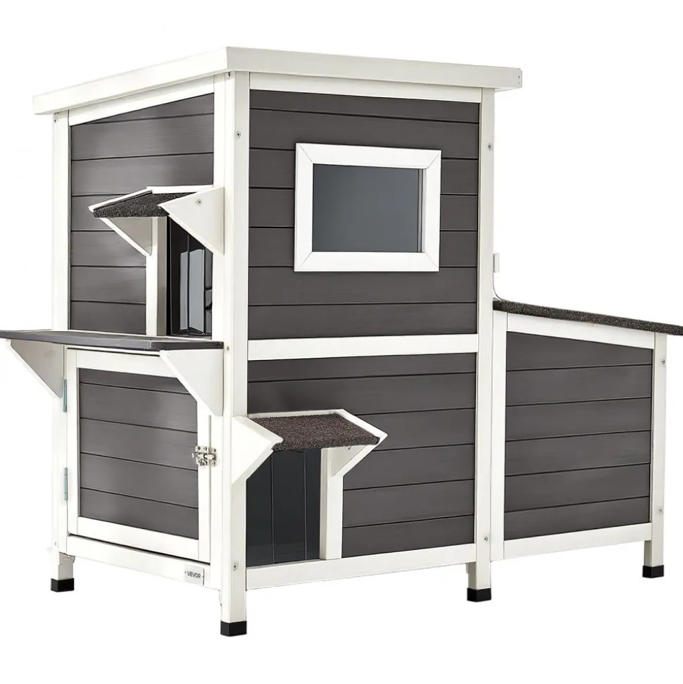 VEVOR Outdoor Cat House, 2-Story Wooden Cat Shelter for 3 Outside Cats in Winter, Elevated Feral Kitty Shelter with Stairs, Clear Window & Flap Doors, Waterproof Cats Condos for Garden 42 × 25 × 34 in