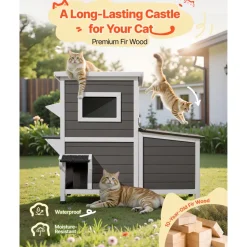 VEVOR Outdoor Cat House, 2-Story Wooden Cat Shelter for 3 Outside Cats in Winter, Elevated Feral Kitty Shelter with Stairs, Clear Window & Flap Doors, Waterproof Cats Condos for Garden 42 × 25 × 34 in