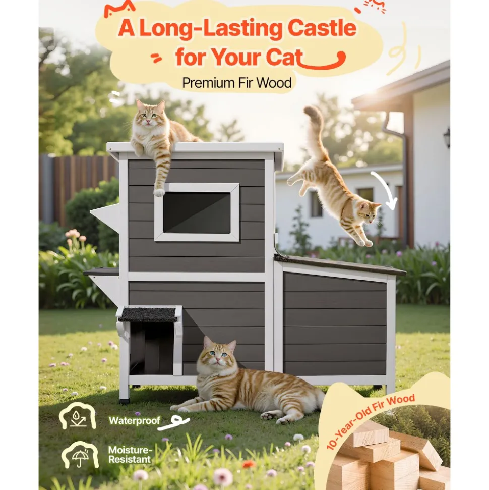 VEVOR Outdoor Cat House, 2-Story Wooden Cat Shelter for 3 Outside Cats in Winter, Elevated Feral Kitty Shelter with Stairs, Clear Window & Flap Doors, Waterproof Cats Condos for Garden 42 × 25 × 34 in
