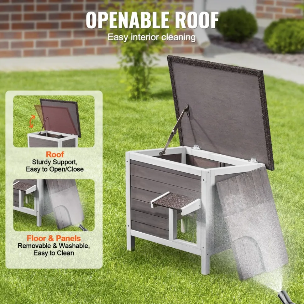 VEVOR Outdoor Cat House Weatherproof, Feral Cat Shelter for Multiple Cats, Outdoor Wooden Cat Rabbit House with All-Round Foam Insulated, Open Roof, PVC Door Flaps, 24"L x 20"W x 21"H
