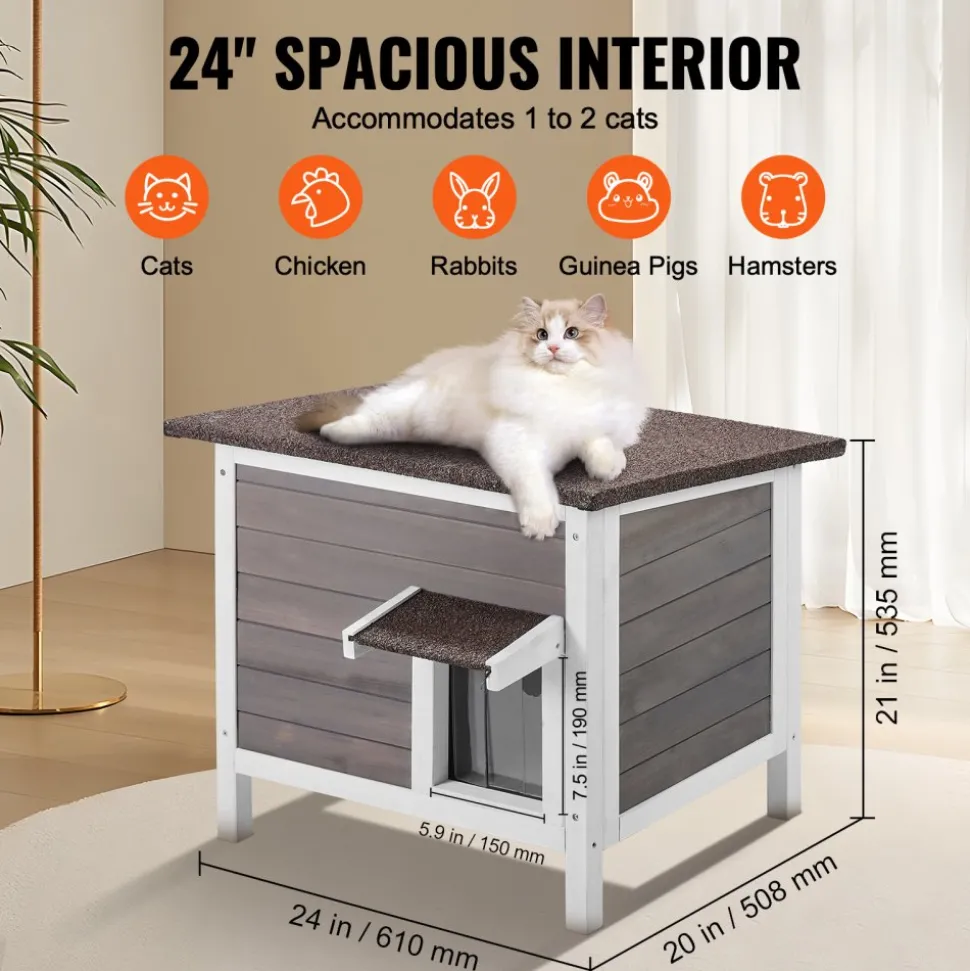 VEVOR Outdoor Cat House Weatherproof, Feral Cat Shelter for Multiple Cats, Outdoor Wooden Cat Rabbit House with All-Round Foam Insulated, Open Roof, PVC Door Flaps, 24"L x 20"W x 21"H