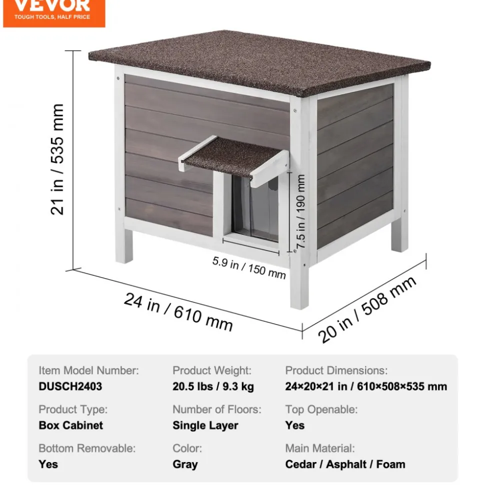 VEVOR Outdoor Cat House Weatherproof, Feral Cat Shelter for Multiple Cats, Outdoor Wooden Cat Rabbit House with All-Round Foam Insulated, Open Roof, PVC Door Flaps, 24"L x 20"W x 21"H