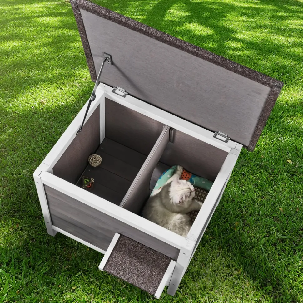 VEVOR Outdoor Cat House Weatherproof, Feral Cat Shelter for Multiple Cats, Outdoor Wooden Cat Rabbit House with All-Round Foam Insulated, Open Roof, PVC Door Flaps, 24"L x 20"W x 21"H