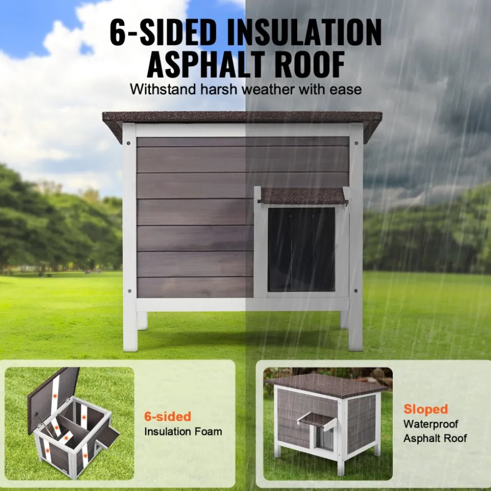 VEVOR Outdoor Cat House Weatherproof, Feral Cat Shelter for Multiple Cats, Outdoor Wooden Cat Rabbit House with All-Round Foam Insulated, Open Roof, PVC Door Flaps, 24"L x 20"W x 21"H