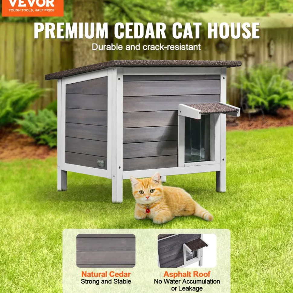 VEVOR Outdoor Cat House Weatherproof, Feral Cat Shelter for Multiple Cats, Outdoor Wooden Cat Rabbit House with All-Round Foam Insulated, Open Roof, PVC Door Flaps, 24"L x 20"W x 21"H