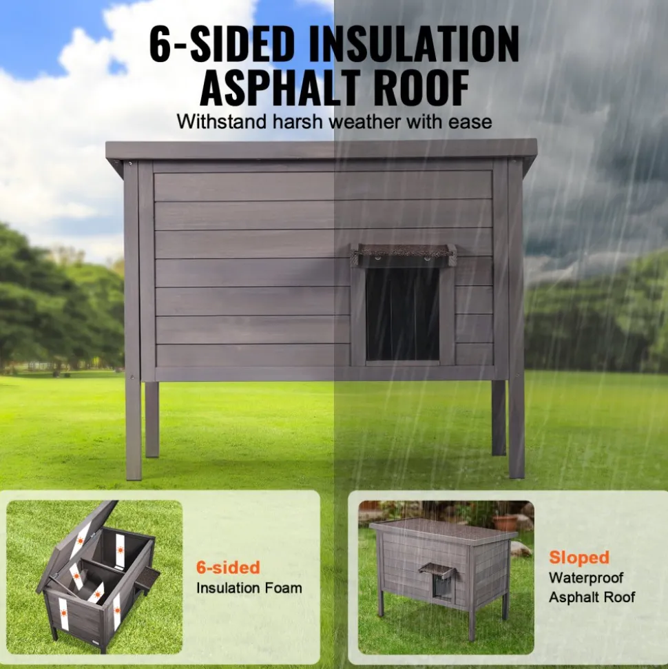 VEVOR Outdoor Cat House Weatherproof, Feral Cat Shelter for Multiple Cats, Outdoor Wooden Cat Rabbit House with All-Round Foam Insulated, Open Roof, PVC Door Flaps, 34"L x 22"W x 27"H