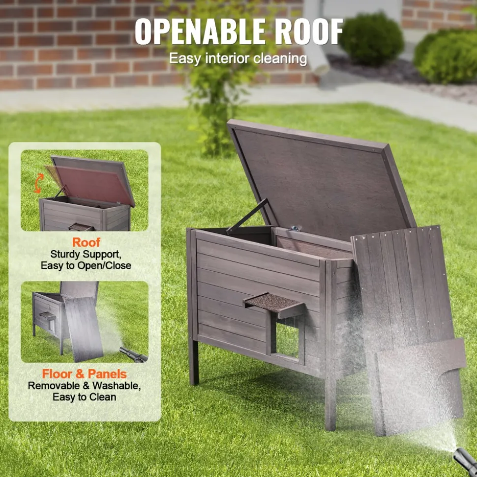 VEVOR Outdoor Cat House Weatherproof, Feral Cat Shelter for Multiple Cats, Outdoor Wooden Cat Rabbit House with All-Round Foam Insulated, Open Roof, PVC Door Flaps, 34"L x 22"W x 27"H