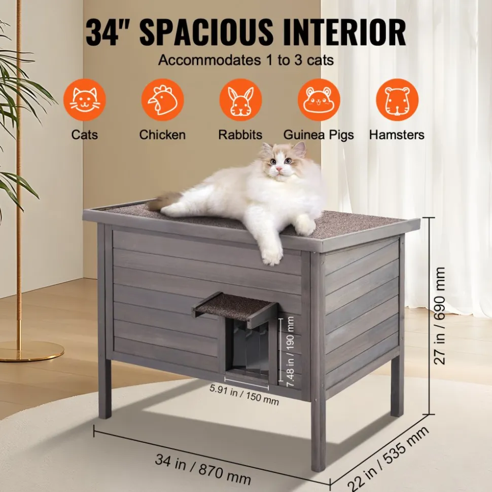 VEVOR Outdoor Cat House Weatherproof, Feral Cat Shelter for Multiple Cats, Outdoor Wooden Cat Rabbit House with All-Round Foam Insulated, Open Roof, PVC Door Flaps, 34"L x 22"W x 27"H