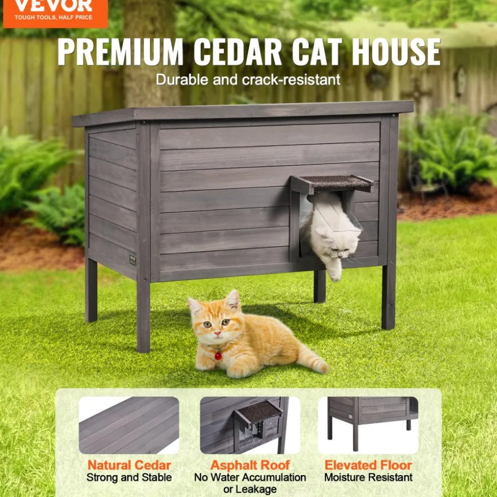 VEVOR Outdoor Cat House Weatherproof, Feral Cat Shelter for Multiple Cats, Outdoor Wooden Cat Rabbit House with All-Round Foam Insulated, Open Roof, PVC Door Flaps, 34"L x 22"W x 27"H