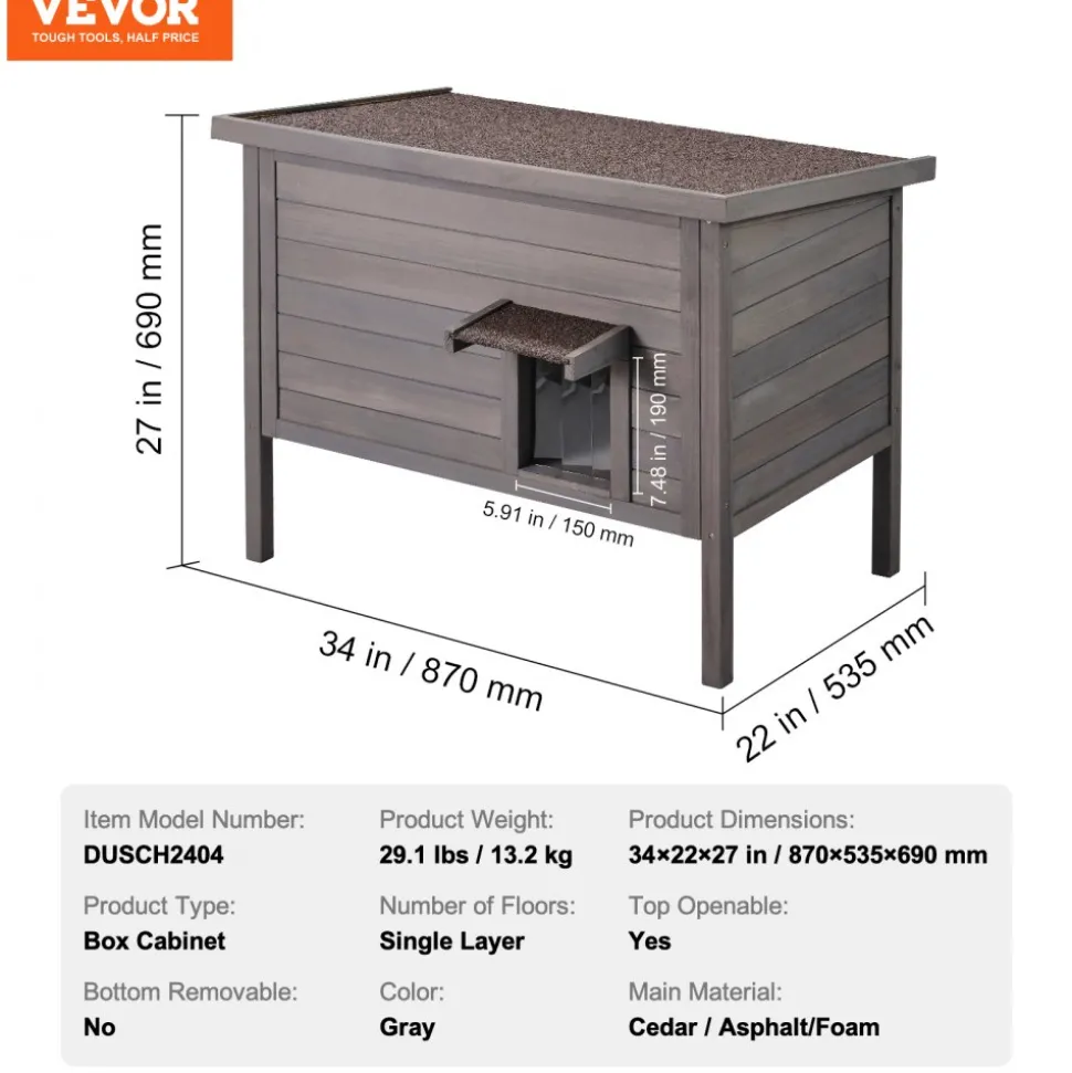 VEVOR Outdoor Cat House Weatherproof, Feral Cat Shelter for Multiple Cats, Outdoor Wooden Cat Rabbit House with All-Round Foam Insulated, Open Roof, PVC Door Flaps, 34"L x 22"W x 27"H